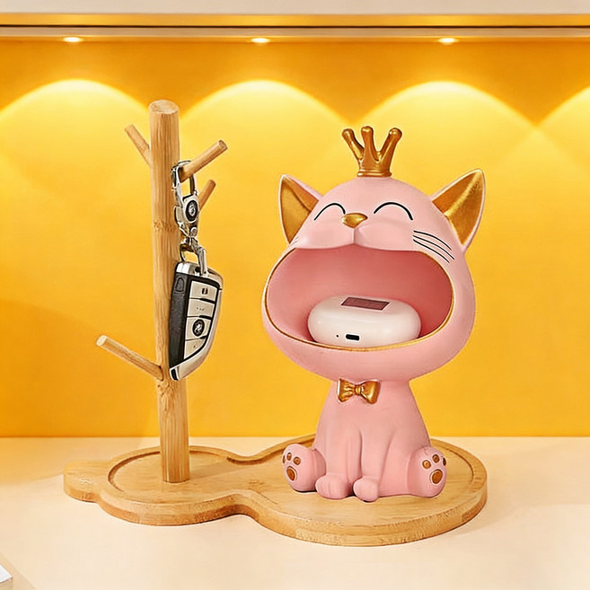 LOKEXING 열쇠 보관함 고양이 현관 장식품 우드 차키 악세사리 행거 1세트 럭키샵 행운 이사 집들이 선물세트, 핑크