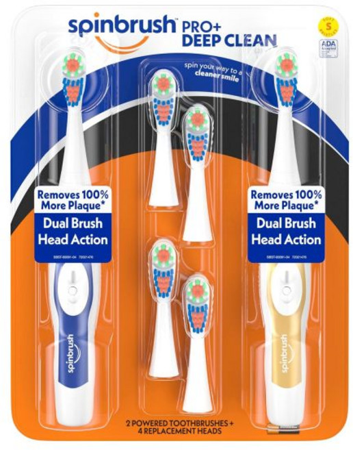 Arm & Hammer 전동칫솔 스핀브러시 프로+ 딥 클린 밸류 팩 성인용 배터리 칫솔 브러시 2개 및 교체 헤드 4개, 1 Count (Pack of 1)