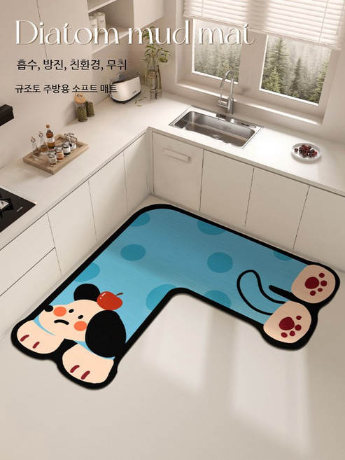 주방 코너 두꺼운 방수 미끄럼방지 매트 L자형 바닥매트 논슬립 PVC매트 발매트 실리콘 강아지매트 추천, 파란 강아지 두꺼운 L형 매트