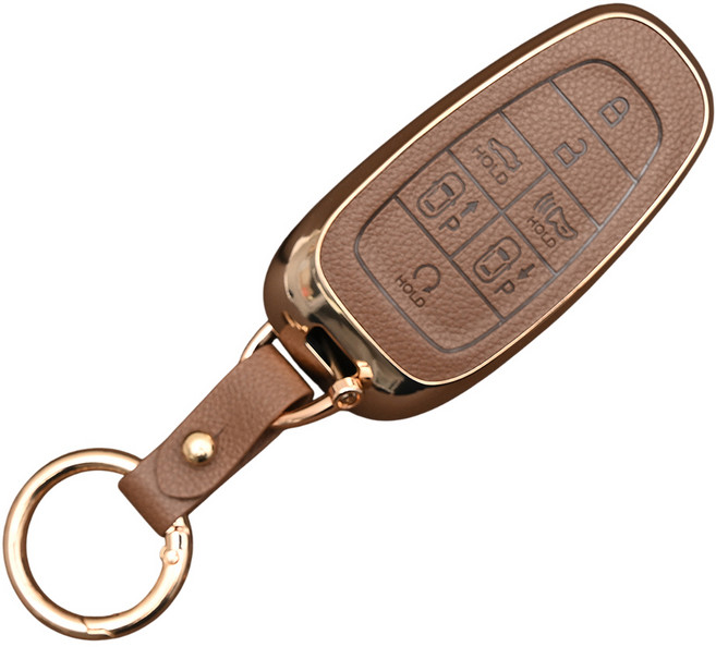 현대 소나타DN8 넥쏘 그랜저 호환 TPU 프리미엄 가죽 자동차 스마트 키 케이스 키홀더, 7버튼TL28, 브라운