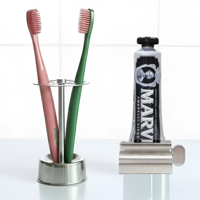 모드놀리 깔끔한 스텐 칫솔 꽂이 + 치약 거치대 SET, 1세트, 실버