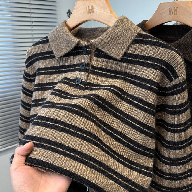 가을 겨울 남자 긴팔 니트티 클래식 스트라이프 카라 니트 긴팔 스웨터 YLP