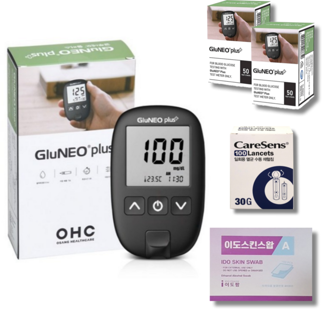 글루네오플러스 혈당측정기 1대+시험지100개+침100개+솜100개 글루네오 플러스 뇨혈당측정기 혈당계, 1세트, IGM-1003EKS SET