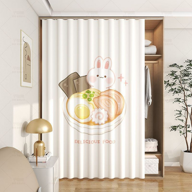 卡通衣櫃門簾 防塵滑軌式衣櫃簾 鞋架遮擋簾 廚房置物架遮醜簾, 拉麵兔兔,寬35x高65cm（默認魔術貼）
