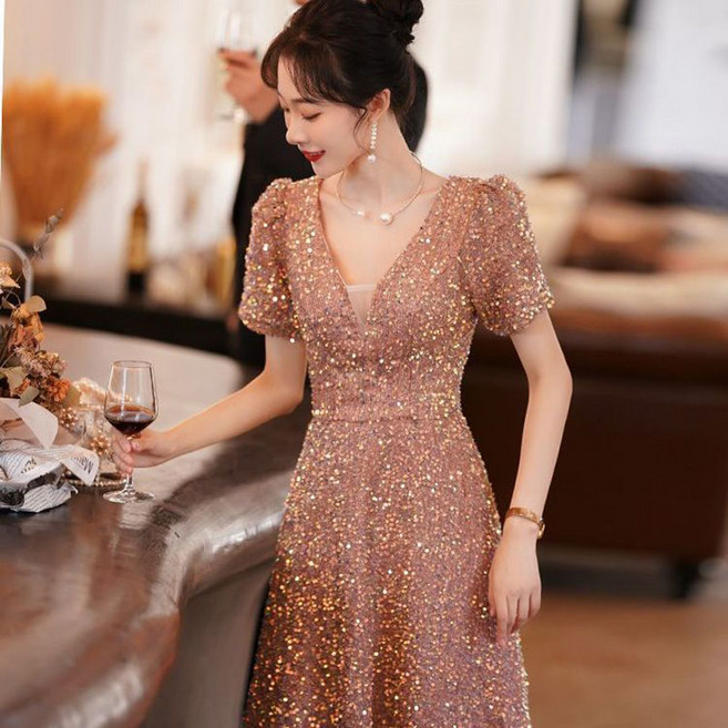 여성 반팔 파티 연주 드레스 슬림핏 원피스 고급스러운 파티복 기질 스팽글 브이넥 이브닝 드레스 ZN