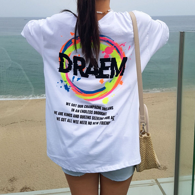 상상그이상 여성용 국내제작 페인팅 드림 반팔 티셔츠 빅사이즈 나염 포인트 힙 가려주는 오버핏 티셔츠 하의실종 그라데이션 여행 트윈룩