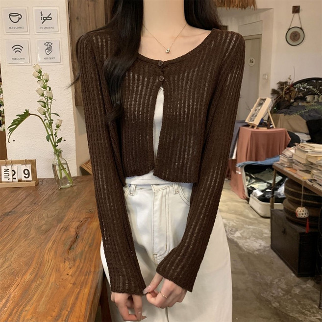 鏤空針織開衫 外搭 吊帶罩衫 女夏季 薄紗純色防曬 短款小披肩 上衣, 咖色