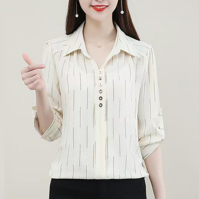 ROYALBELLE 여성 카라넥 반오픈 버튼 스트라이프 7부소매 루즈핏 캐주얼 셔츠 R0022710