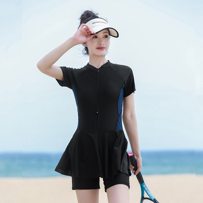泳衣女高級感 新款遮肚顯瘦泳裝連體保守長袖溫泉短袖泳衣, 2XL 到建議160 到175cm