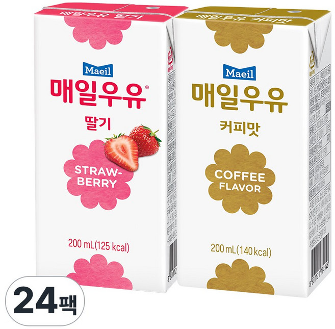 [매일유업] 매일멸균우유 200ml 딸기12+커피12(총24팩), 1세트