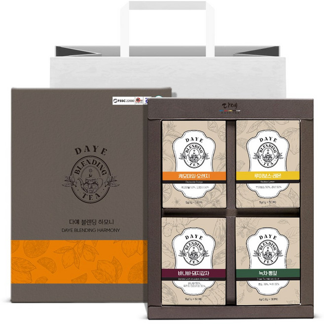 [본사직영] 다예 블렌딩 하모니 4종 티백 선물세트 쇼핑백+캐모마일 오렌지+루이보스 레몬+바나바 돼지감자+녹차 뽕잎, 1세트