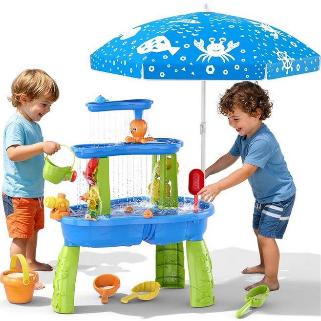 Wee Wonders 유아용 3단 워터 테이블 조절 가능한 우산이 있는 아동용 모래 워터 테이블 모래 장난감 및 낚시 게임 야외 해변을 위한 감각 테이블 활동 놀이 세트, 블루