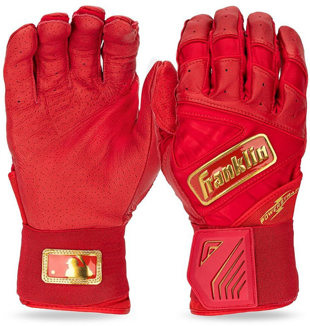 Franklin Sports MLB 배팅 장갑 - 인피니트 파워스트랩 야구 + 소프트볼 배팅 장갑 - 내구성 있는 풀 랩 케이지 연습 장비 - 롱 커프 손목 + 튼튼한 가죽 -, 레드/골드