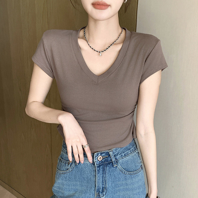 夏裝新款修身正肩V領短袖T恤女 百搭收腰顯瘦感上衣小眾款