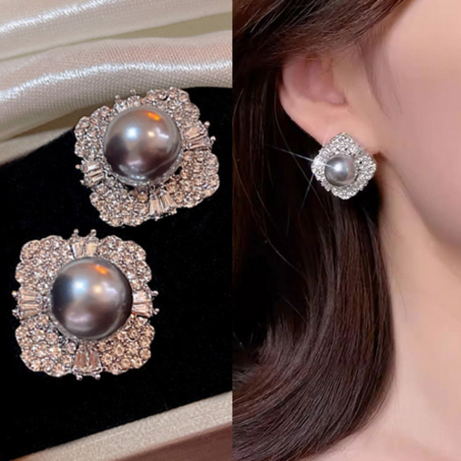 티큐 파티 공연 축제 웨딩 스퀘어 큐빅 흑진주 귀걸이 A1961