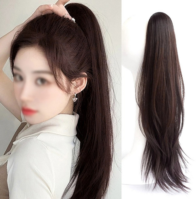 백송 데일리 무드 생머리 포니 가발 모자 포니테일 부분가발 묶음머리 간편착용 롱헤어가발 내추럴룩, 1개, 브라운