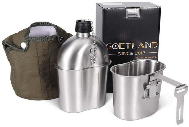 Goetland 스테인리스 스틸 2차 세계 대전 미국 군용 수통 키트 1QT 0.5QT 컵 나일론 커버 G.I.포함, 0.5QT 그랩 핸들 컵이 있는 0.9L(1쿼트)
