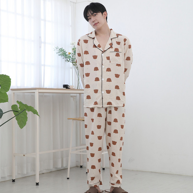 남성 포포면 긴팔 파자마 여자빅사이즈 상하세트 곰돌이 가을 잠옷 단추 카라 밴딩 긴바지 홈웨어 남자 커플 상하의