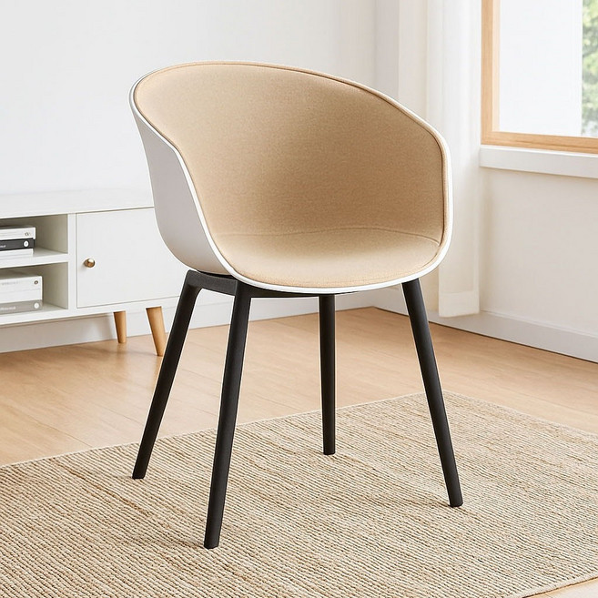 北歐風造型復刻椅 棉麻軟墊靠背 化妝椅 餐廳椅 會議椅, 半包式白色椅背+米黃軟墊, 1個