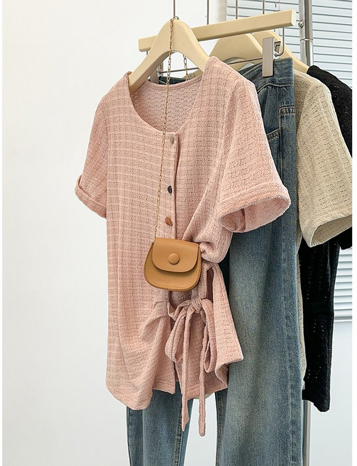 부엉구구 OW0510A 여성 펀칭 니트 반팔티 스트랩 블라우스 허리끈 루즈핏 여름 상의