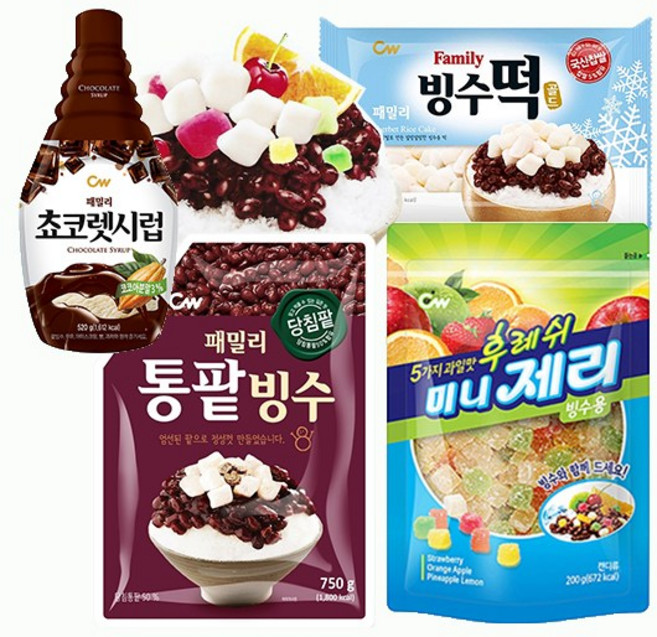 청우식품 청우 팥빙수재료 4종(팥+초코렛시럽+빙수떡+빙수젤리) 1세트, 750g
