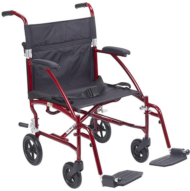 Drive Medical DFL19-RD Fly Lite 초경량 접이식 운반 휠체어 스윙 어웨이 발판 포함 레드 140038, 레드 프레임, 1개