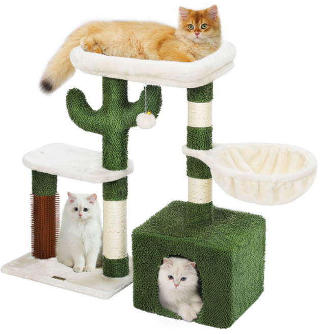 먀오샤오위안3단 초록색 선인장형 캣타워 스크래쳐+해먹+숨숨집+전망대+폼폼볼 장난감, 1개, 흰색과 초록색