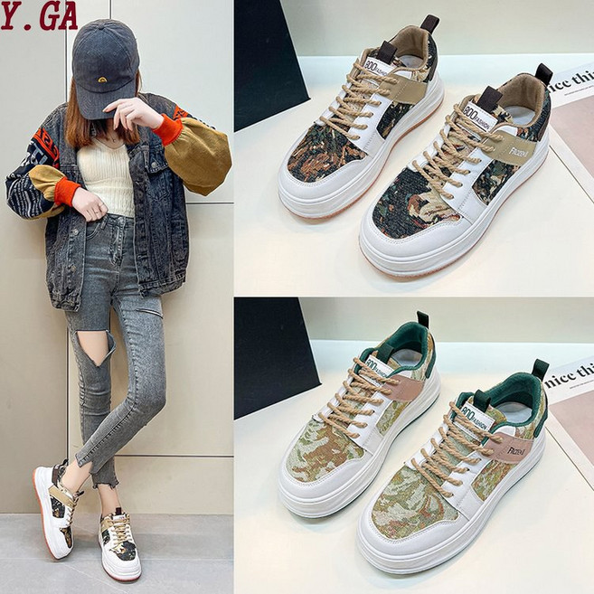 Y.GA 2023 봄 가을 여성 발편한 통굽 운동화 여자 패션 통근 키높이 캐주얼 슈즈 학생 굽높은 스니커즈 미끄럼 방지 신발 통기성이 좋아요