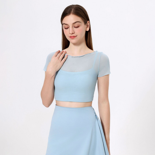 요피 메쉬 시스루 반팔 크롭탑