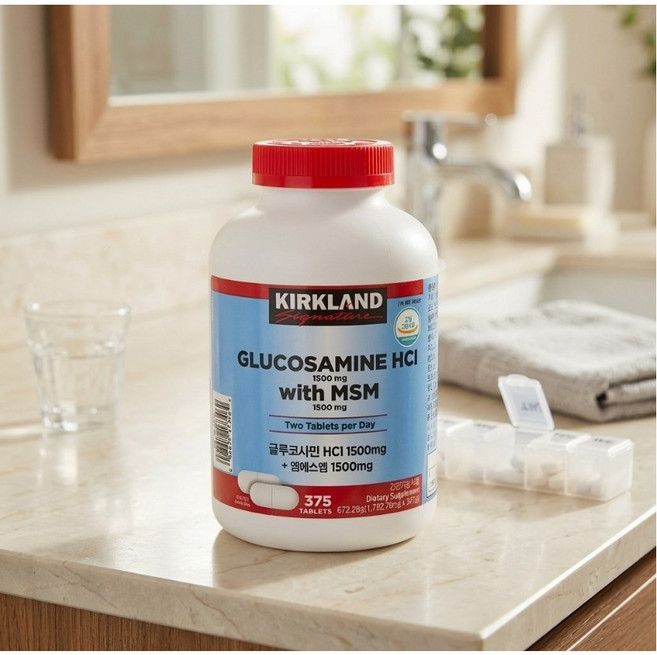 커클랜드 글루코사민 HCl 1500mg MSM 관절 연골 건강 보조제, 1박스, 375정