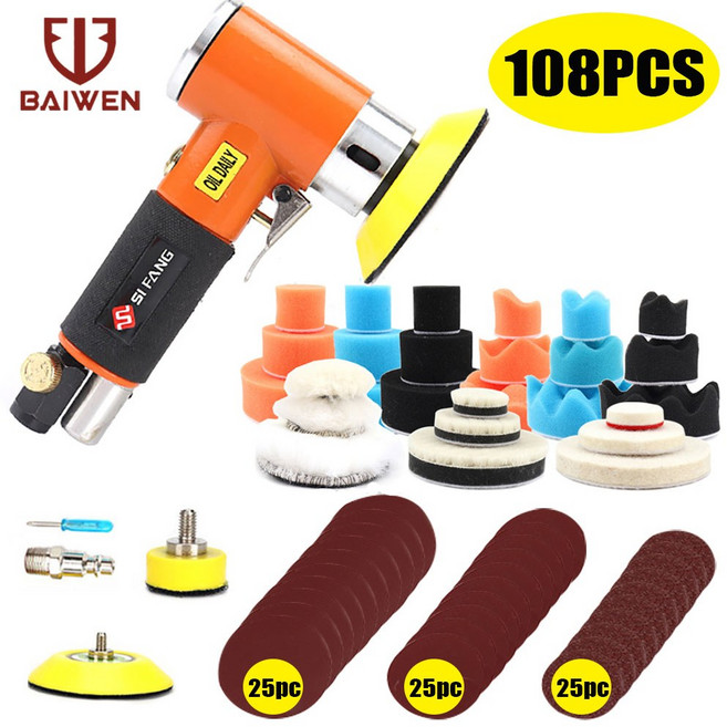 궤도 공기 샌더 미니 공압 1 /2 /3 그라인더 샌딩기 그라인딩 머신 세트 자동차 고속 에어 파워 폴리 셔 도구, 오렌지 샌더 108pc, 1개
