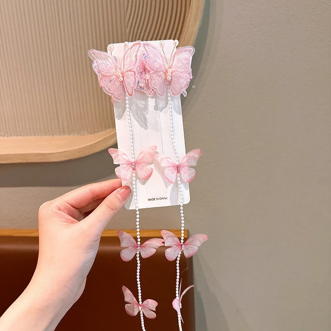 2pcs 공주 소녀 거즈 나비 헤어 클립 진주 술 머리핀 달콤한 어린이 축제 드레스 헤어 액세서리, 04 Pink-Gradient
