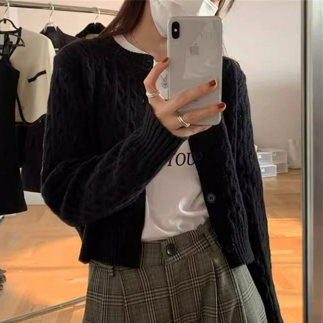 cammello 코지 라운드넥 꽈배기 세미크롭 긴팔 니트 가디건 간절기 아우터