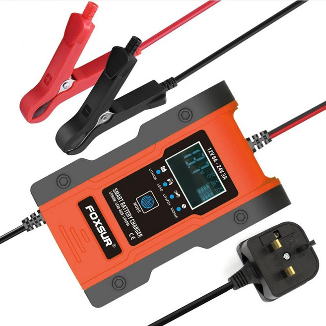 FOXSUR 스마트 자동차 배터리 충전기 오토바이 트랙터 SUV 보트 리튬 AGM 납산 LiFePO4 12V 6Amp, 03 UK Plug (Red)