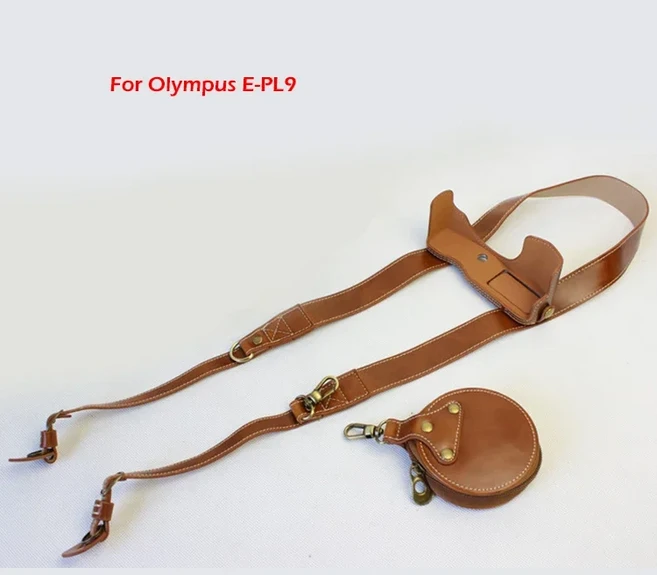 올림푸스 펜 E-PL9 보호 쉘 스트랩 배터리 오프닝 포함 용 PU 가죽 케이스 하프 커버 카메라, 12 EPL9 set brown