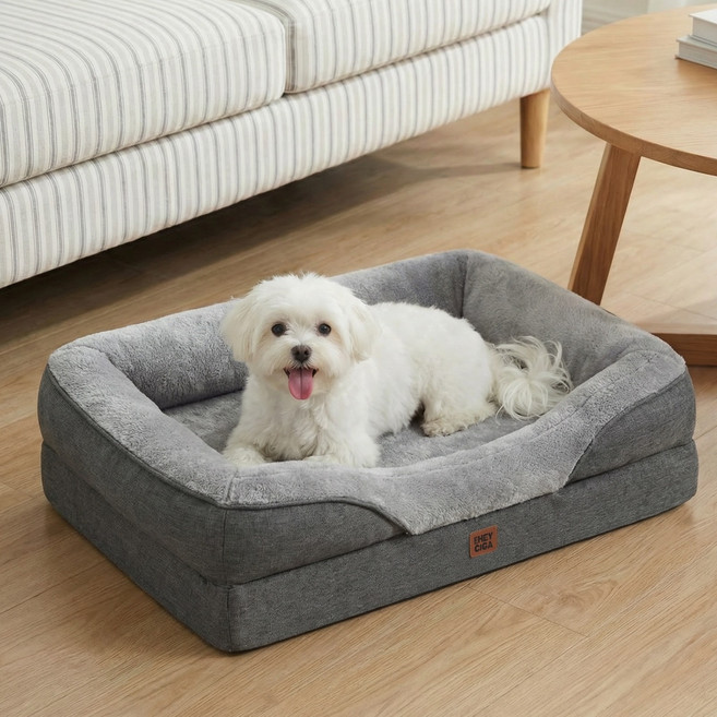 EHEYCIGA 메모리폼 함유 정형외과 사방테두리 반려견 강아지방석 사계절용 푹신한 편안한 반려견 소파, 1개, 진회색