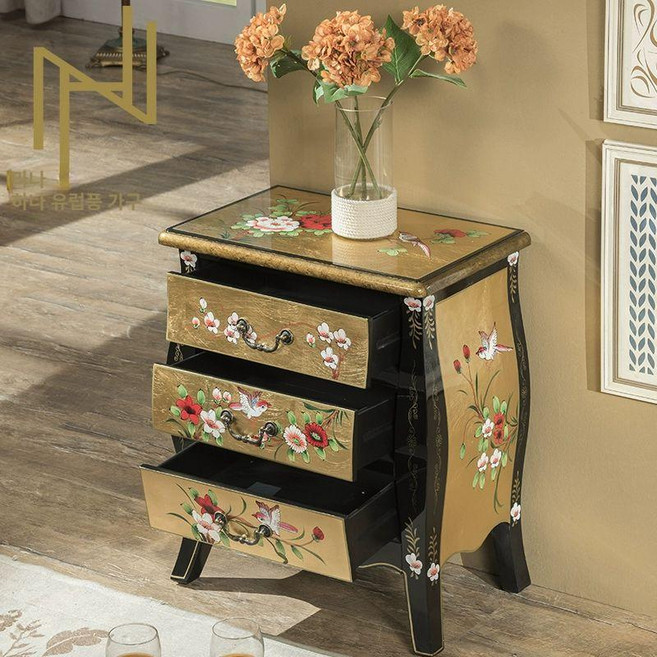 나비장 엔틱 수납장 자개장 원목 장식장 자개농 공예 금박 양문 빈티지 고가구, 2. 골드 스몰 3단 56x35x68