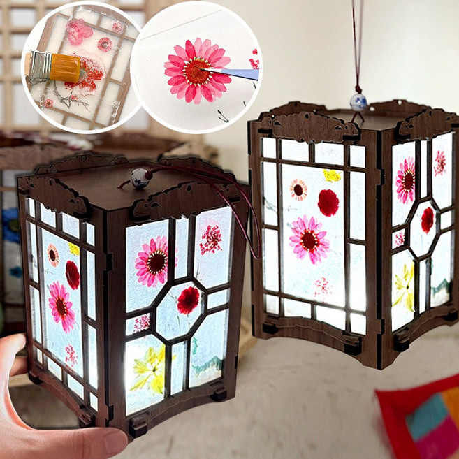 압화 만들기 키트 고급 한지 무드등 압화공예 원예수업 diy 재료 노인 어르신 중학생, 압화 한지 무드등 만들기(P0000LOH)