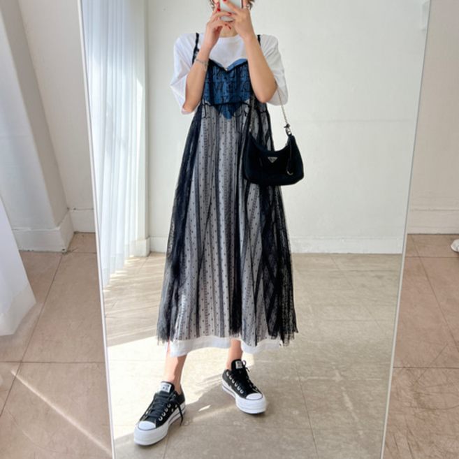 레이스 레이어드 뷔스티에 나시 롱 원피스 2color