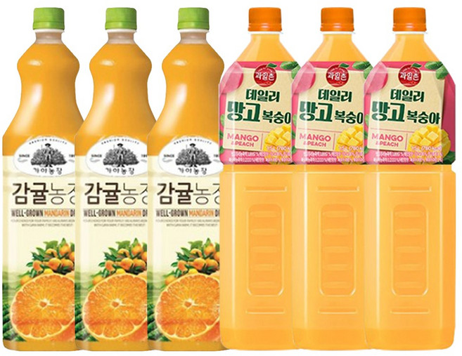 웅진 가야농장 감귤주스 + 해태htb 과일촌 데일리 망고복숭아 주스 (1.5 PET 혼합 각각 3개씩), 6개, 1.5L