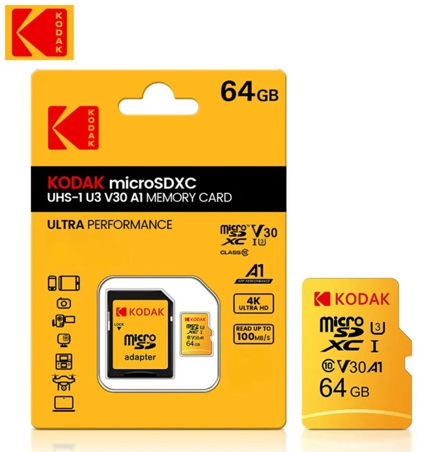 Kodak 32GB-256GB 마이크로 SD 메모리 카드 - 고속 ​ 스마트폰 디지털 카메라 태블릿 및 드론용 클래스 10, 04 64GB