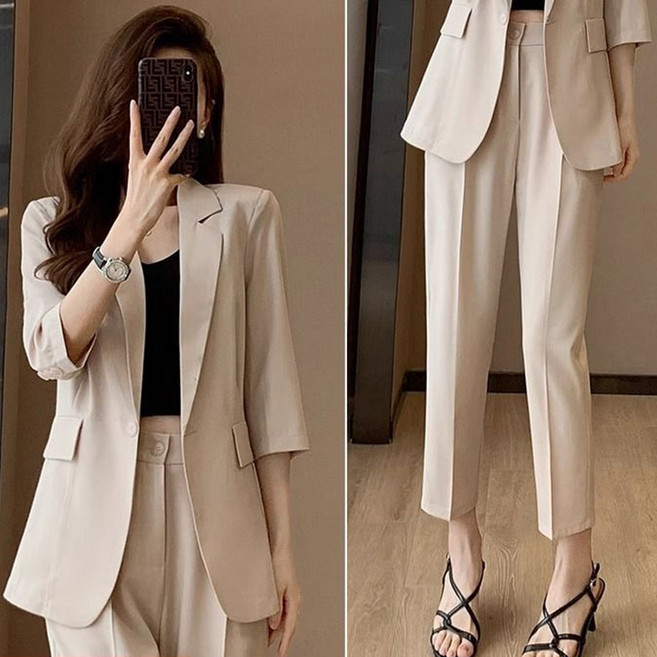 FANSYLI 여름 얇은 정장 세트 고급 캐주얼 통근 세트 여성 7부 소매 정장 자켓+밴딩 허리 정장 바지 투피스 오피스룩 빅사이즈 X2507J1
