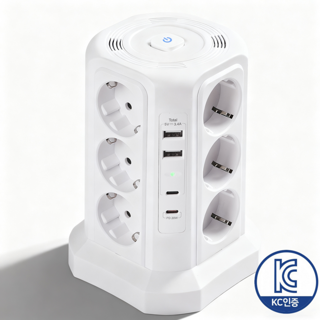 KUTUMAI 16A 대용량 USB 타워 멀티탭 16구 - 4000W KC인증 과부하차단 12구+USB 4구 (PD20W C타입) 접지서지보호 계절별 안심 사용 캠핑/홈오피, 흰색, 1개, 2m