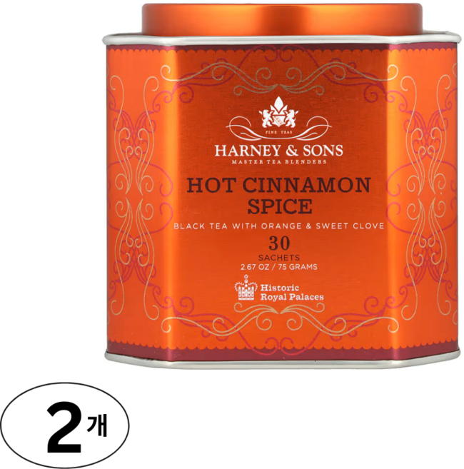 2개 세트 하니앤손스 핫 시나몬 스파이스 블랙티 30티백 75g 홍차 틴케이스 계피 정향, 30개입