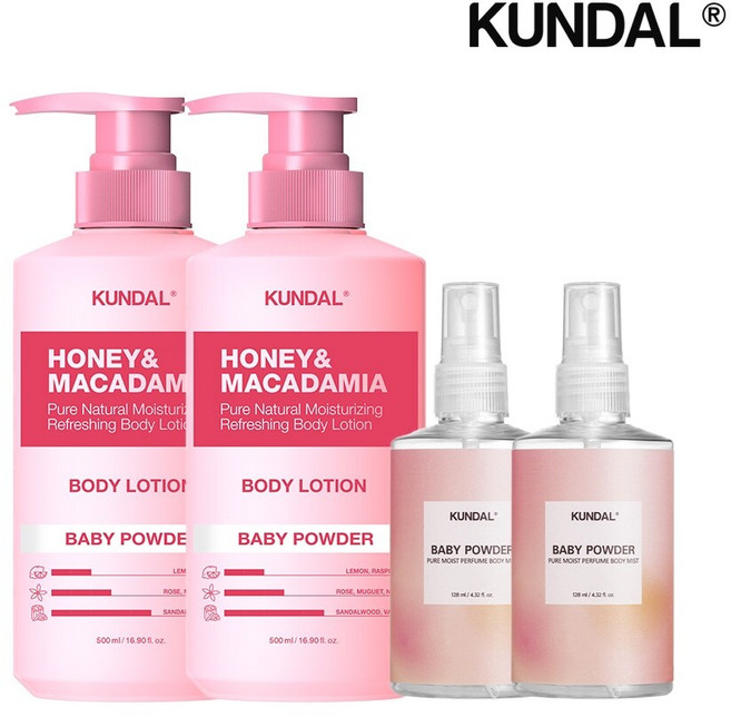 쿤달 퓨어 바디로션 베이비파우더 500ml x2개+바디미스트 베이비파우더 128ml x2개, 1세트