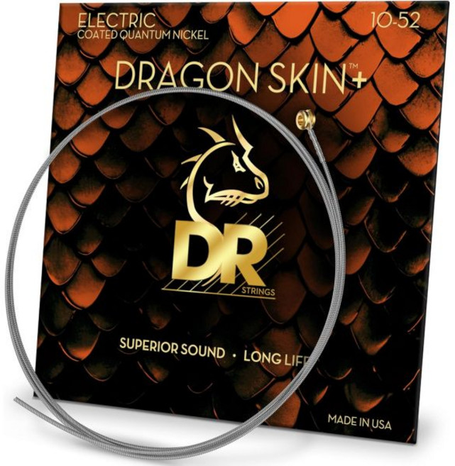 DR Strings 드래곤 스킨+ - 코팅된 퀀텀 니켈 일렉트릭 기타 줄 – DEQ-9 뛰어난 사운드와 편안한 감촉 긴 수명 라이트 9-42, DEQ-10/52 중간에서 무거운 10-52