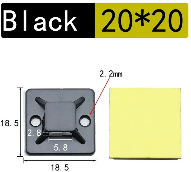 고정 시트 클램프 자체 접착 케이블 타이베이스 100PCS 배선 액세서리 흰색 지퍼 마운트 2cm x 와이어 벽, 05 20X20-Black