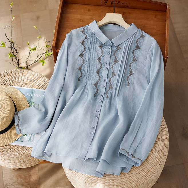 타임퓨어 40대 60대 여성 자수 블라우스 봄여름 얇은남방 문예 빈티지 면마 상의 루즈핏 캐주얼 셔츠