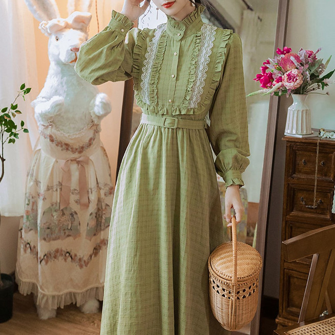 (대여) 그린체크 레트로 차이나넥 레이스 원피스 경성