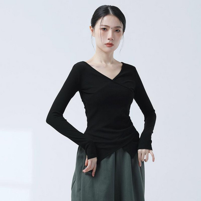 브이넥 심플 현대무용 성인발레복 한국무용 긴팔 탑 상의 무용복 연영과 입시복 공연 티셔츠 댄스 발레 연습복 여성 댄스복, 블랙 (긴소매)